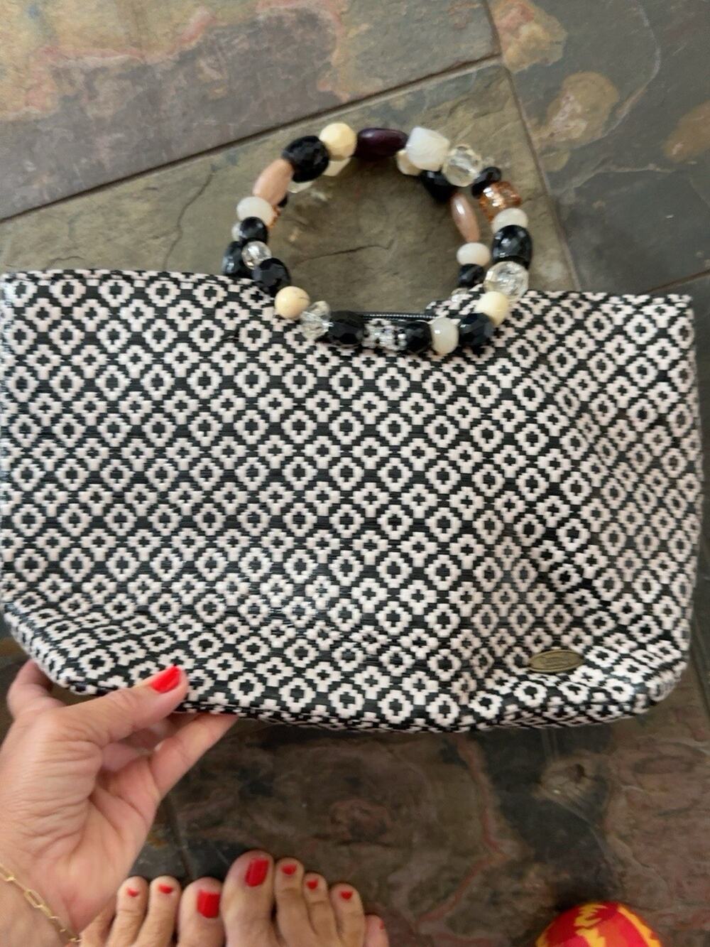 Cappelli Straworld Black White Woven Straw Tote Bag Beaded Handle Geometric